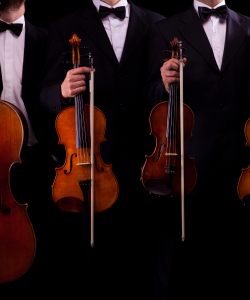 Aria and Co string ensemble in tuxedos holding violins