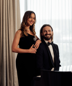 Silk Pyjamas duo with female vocalist and pianist in black tie
