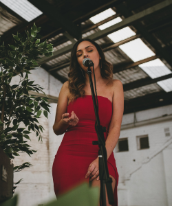 Big Love Music vocalist in a red dress singing into a microphone