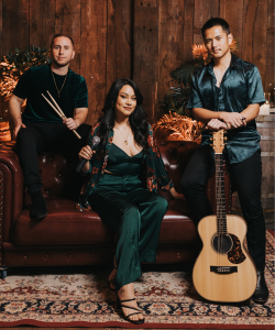 Diamond Beat trio with drumsticks and acoustic guitar