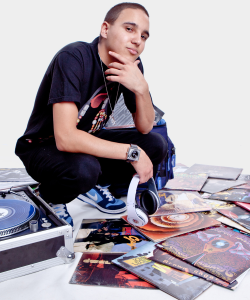 DJ Trey, Sydney DJ, with turntables and vinyl records
