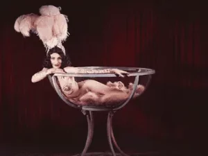 Burlesque performer posing in a giant champagne glass